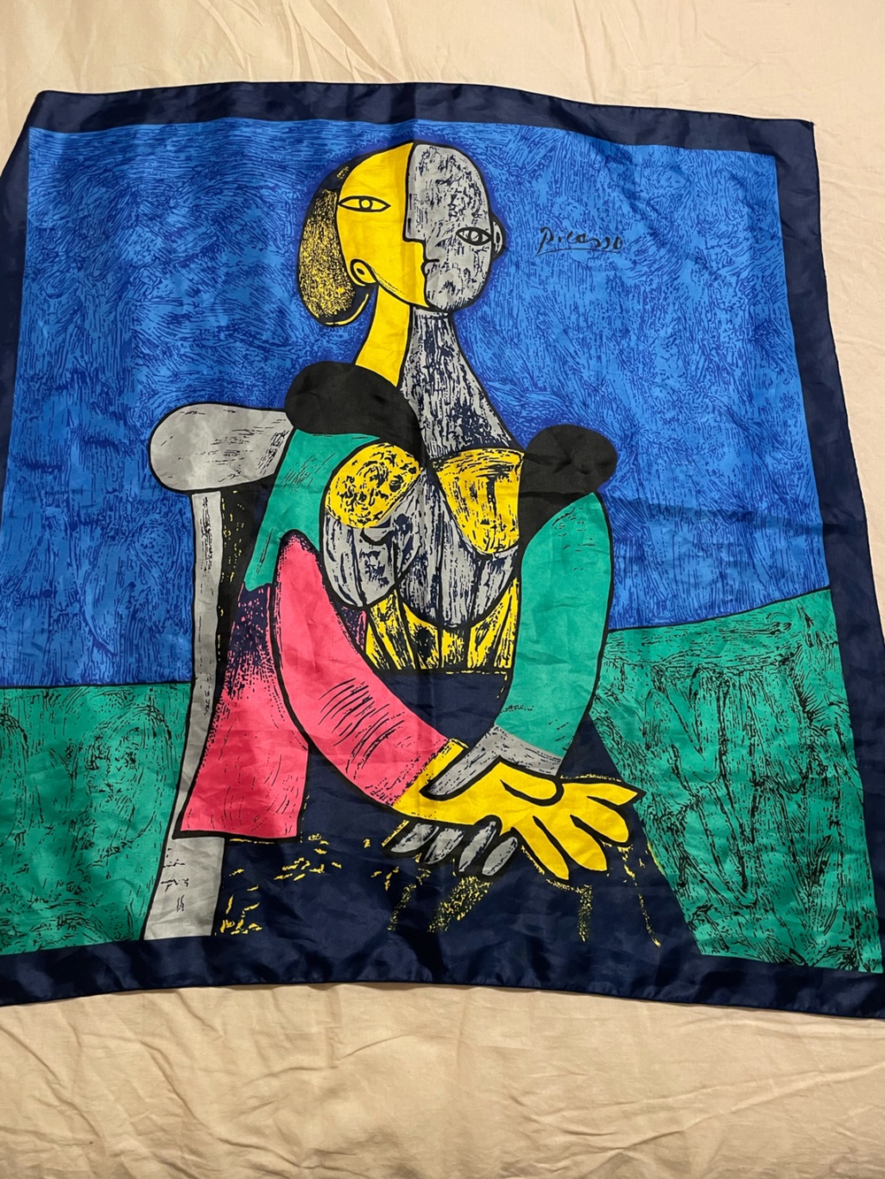 Abstract Picasso Seated Woman Blue & Multicolor Vintage Scarf 90s